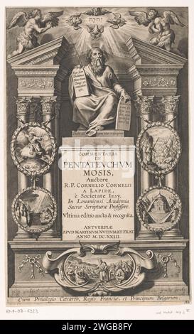 Mozes et cinq scènes du Pentateuque, Cornelis Galle (I) (possible), d'après Pierre Paul Rubens, 1623 imprimer Moïse avec les tableaux législatifs tronend sur une écurie perçante avec le titre du livre. De chaque côté et sous cinq cartouches avec des scènes des cinq premiers livres bibliques de l'ancien Testament, le Pentateuque. Imprimeur : Sud des pays-Bas spublisher : Anvers gravure sur papier Moïse (pas dans le contexte biblique) ; attributs possibles : rayons de lumière ou cornes sur sa tête, tige, tables de la Loi. division de la lumière et de l'obscurité. Passage à travers la mer Rouge. Le livre Lévitique. Moses teachin Banque D'Images