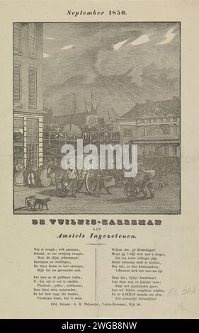 KermisStrent des ordures ménagères d'Amsterdam pour l'année 1850, Dirk Wijbrand Tollenaar, 1850 print KermisStrent des ordures ménagères d'Amsterdam pour l'année 1850. Vue à la foire au Botermarkt avec le Oude Waag. Deux chariots à ordures sur le marché. Avec poème en deux colonnes. De la poubelle carman dans le quartier N ° 20 : A.H. Thijsmeijer. Rue d'impression typographique papier Amsterdam. Collecte des ordures Amsterdam. Botermarkt. Waag sur le Botermarkt Banque D'Images