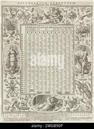 Calendrier grégorien perpétuel avec les quatre saisons, Johann Sadeler (I), 1595 imprime Un calendrier grégorien avec les jours et les mois de l'année. Autour du calendrier un bord ornemental avec des fleurs, des outils et des grottes. De chaque côté un médaillon ovale avec la personnification d'une saison. A gauche la personnification du printemps, au-dessus de l'été, à droite l'automne et sous l'hiver. Une légende sous le calendrier. Calendrier perpétuel gravure papier Venise. année divisée en quatre saisons. ornement  animaux hybrides. ornement dérivé de formes végétales. ornement dérivé d'objets Banque D'Images