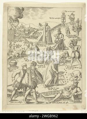 De Blauwe Huyck (page 2), 1577 imprimer le Blue Huyck (page 2). Différents proverbes sur un magazine : R.O. Dese Sith entre deux sièges dans Asse / L.O. : Dith est un primal blaser (souffleur d'oreille) / r.b. : le ruert den Duijm / Midden : les mondes entiers. Proverbes, dictons, etc. Graveurs de papier des pays bas Banque D'Images