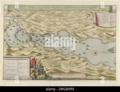 Bataille maritime dans la baie de Vigo et conquête de la flotte d'argent espagnole, 1702, 1702 imprimer carte de la bataille maritime dans la baie de Vigo où les flottes française et espagnole sont vaincues le 23 octobre 1702 par la flotte combinée anglo-néerlandaise. En haut à droite une draperie avec une liste des navires français conquis et brûlés ; en bas à gauche l'ordre de bataille des navires anglais et hollandais. Imprimeur : Northern Netherlandspublisher : cartes de gravure / gravure sur papier de la Haye de pays ou de régions distincts. Bataille (+ force navale) Vigo Banque D'Images