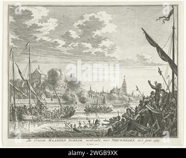 Attaque de Maarten Schenck sur Nimègue, 1589, 1747 - 1759 imprimer échec attaque par les troupes de Maarten Schenck sur la ville de Nimègue, 10 août 1589. Épisode de la guerre de Keulse. En fuyant la ville, Schenck se noie dans le Waal. Nord des pays-Bas gravure sur papier noyée, naufragé Nijmegen Banque D'Images