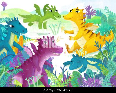 scène de dessin animé avec différents dinosaures souriants dinos dans la jungle primitive illustration drôle préhistorique pour les enfants Banque D'Images