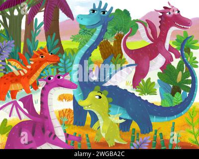 scène de dessin animé avec différents dinosaures souriants dinos dans la jungle primitive illustration drôle préhistorique pour les enfants Banque D'Images