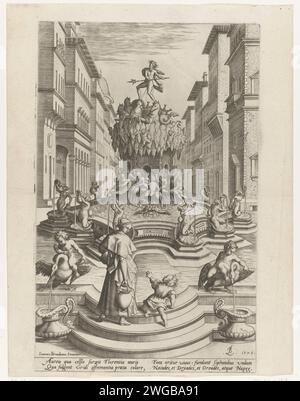 Neptunusfontein te Florence, Monogrammiste flb, d'après Jan van der Straet, d'après Bartolomeo Ammanati, 1575 impression d'Une fontaine Neptunus, probablement cette fontaine fondée à Florence en l'honneur de l'entrée de Jeanne d'Autriche en 1565. Neptunus conduit sur une coquille dans la fontaine centrale dans la fontaine. Des nymphes d'eau autour de lui. Au premier plan deux putti sur cygnes. Une femme marche vers la fontaine pour aller chercher de l'eau. Pour elle un enfant à son droit. En bas de la marge, une légende de quatre lignes en latin. Gravure sur papier Anvers (histoire de) Neptune (Poséidon). fontaine ornementale (+ ville(-scape) avec figures, Banque D'Images