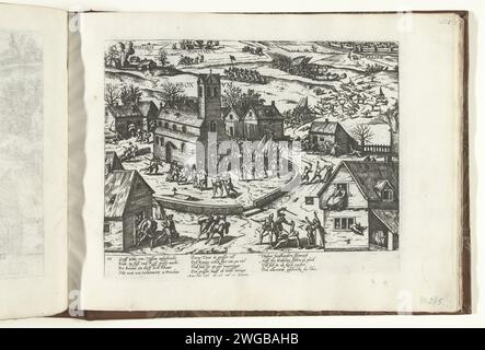 Skijst à Boksum en Frise, 1586, 1586 - 1588 imprimer bataille de Boksum en Frise, 26-27 janvier 1586. L'armée de l'État vaincue par les Espagnols sous Willem van Nassau. Combats en plein champ et soldats à l'église de Boksum, au loin Leeuwarden, Winsum et Wielsryp. Avec légende de 12 lignes en allemand. Numéroté : 95. Bataille de gravure de papier de Cologne, combattant en général Boksum Banque D'Images