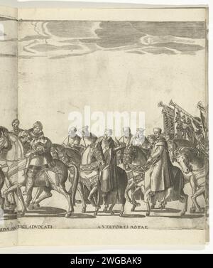 Fonctionnaires de la cour papale à cheval, planche 11, 1620 - 1699 estampe fonctionnaires de la cour papale à cheval, planche 11. Procession de Charles Quint avec le pape Clemens VII à Bologne après son couronnement comme empereur, le 24 février 1530. Fêtes de gravure / gravure sur papier Malines (+ parade, concours, cavalcade  activités festives) Bologne Banque D'Images