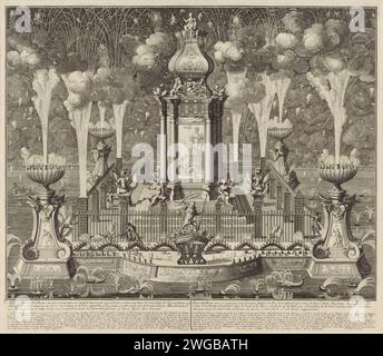 Feux d'artifice à la célébration de la paix d'Utrecht, 1713, Daniël Stopendaal, d'après Hendrik Pola, 1713 estampes avec feux d'artifice commandées par les États de Hollande et de Frise occidentale sur la Hofvijver à la Haye lors de la célébration de la paix d'Utrecht, le 14 juin 1713. Le temple de Janus est décerné par la vierge néerlandaise avec liberté dans le jardin Hollandse. Le temple est entouré de figures assises de la foi, de la liberté, du commerce, de la science et des arts Dans divers endroits, les hommes sont occupés à allumer les feux d'artifice. En bas du titre et légende 1-21 en néerlandais et français. Les noms o Banque D'Images