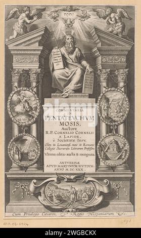 Moïse et cinq scènes du Pentateuque, Cornelis Galle (I) (possible), d'après Pierre Paul Rubens, 1630 imprimer Moïse avec les tableaux législatifs tronend sur une écurie perçante avec le titre du livre. De chaque côté et sous cinq cartouches avec des scènes des cinq premiers livres bibliques de l'ancien Testament, le Pentateuque. Imprimeur : Sud des pays-Bas spublisher : Anvers gravure sur papier Moïse (pas dans le contexte biblique) ; attributs possibles : rayons de lumière ou cornes sur sa tête, tige, tables de la Loi. division de la lumière et de l'obscurité. Passage à travers la mer Rouge. Le livre Lévitique. Moses teachin Banque D'Images