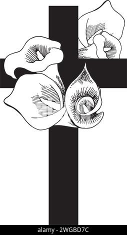 Croix de fleur de vecteur, Croix de Pâques florale. Croix de foi, illustration vectorielle religieuse. Illustration noire funéraire avec des fleurs de lilis de calae. Pour sympa Illustration de Vecteur