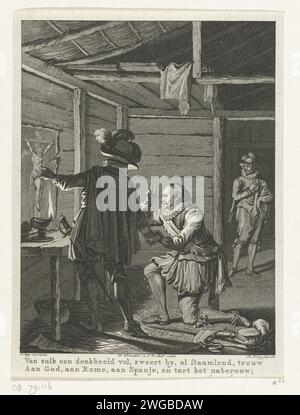 La trahison de Rennenberg, 1580, 1787 imprimer la trahison de Rennenberg. Rennenberg jure la nuit pour une image du Christ sur la croix, fidèle à l'Espagne. Farnese est à côté de lui. 1580. Vingt-neuvième chant. Imprimeur : Northern Netherlandspublisher : Amsterdampublisher : Amsterdam paper graving jurant un serment (avec deux doigts levés) Banque D'Images
