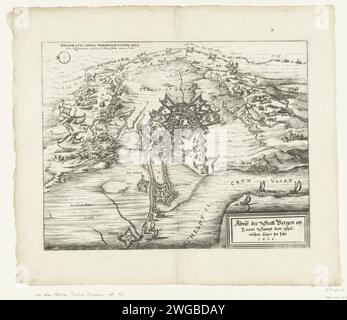 Siège de Bergen op Zoom, 1622, 1622 Imprimer échec du siège de Bergen op Zoom par l'armée espagnole sous les ordres de Spinola et Velasco, 18 juillet - 3 octobre 1622. Plan de la ville et des environs avec voies navigables. En bas à droite un cartouche avec le titre allemand. Allemagne papier gravure victoire, position était Bergen op Zoom Banque D'Images