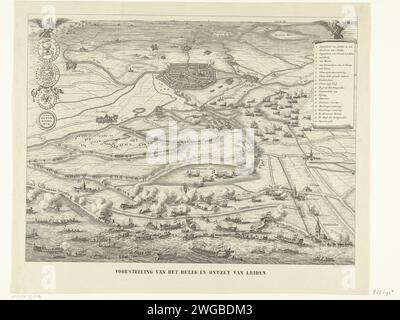 Carte avec le relief de Leiden, 1574, 1835 - 1845 imprimer carte avec le relief de Leiden en quelques mots, 3 octobre 1574. Menez au sommet, au premier plan l'armée du prince à Scheepjes sur l'eau. En haut à gauche un pigeon avec des exemples de l'argent d'urgence en papier suspendu en circulation pendant le siège. En haut à droite un deuxième pigeon qui porte la légende 1-20. Cartes papier des pays-Bas de différents pays ou régions. Lever le siège avec l'aide extérieure, secours Leiden Banque D'Images