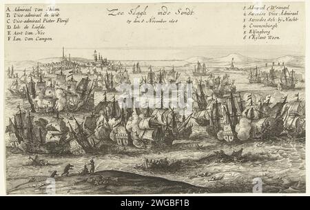 Sea Battle in the sont, 1658, 1658 print de Battle in the sont, entre la flotte de l'État sous les ordres de l'amiral Jacob Baron van Wassenaer, seigneur d'Obdam, et la flotte suédoise sous les ordres de l'amiral Carl Gustaf Wangel, le 8 novembre 1658. En haut des légendes A-F (gauche) et 1-6 (droite). Bataille de gravure / gravure sur papier du nord des pays-Bas (+ force navale) Banque D'Images