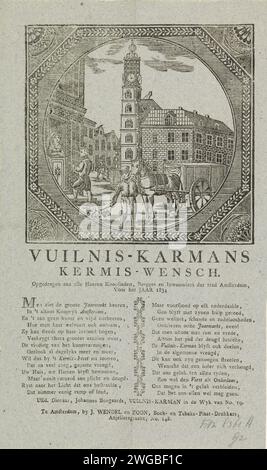 Foire des collecteurs d'ordures d'Amsterdam pour l'année 1834, Anonymous, 1834 imprimer KermisStrent des collecteurs d'ordures d'Amsterdam pour l'année 1834. Spectacle rond à l'intérieur d'un bord octogonal avec un visage au Munt à Amsterdam où un homme avec un rattel se tient devant un chariot à ordures. Un autre homme lève de l'argent dans une maison. Avec poème en deux colonnes. De la poubelle carman dans le quartier N ° 19 : Johannes Bongaards. Rue d'impression typographique papier Amsterdam. Collecte des ordures Amsterdam. pièce de monnaie Banque D'Images