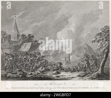 Combats à Schoorl, 1799, Cornelis Brouwer, d'après Dirk Langendijk, 1800 - 1802 imprimer attaque de l'armée franco-batave sur les troupes britano-russes près de Schoorl, 1799. A gauche les troupes franco-bataves, au milieu des Russes et à droite des Anglais. À une courte distance, les troupes tirent ensemble, une église laissée en arrière-plan. Imprimeur : pays-Bas après dessin par : Schoorl paper gravure / gravure bataille (+ forces terrestres) Scorl Banque D'Images