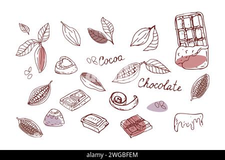 Doodle esquisse de chocolat et de fèves de cacao. Illustration vectorielle avec des formes colorées. Illustration vectorielle de contour dessinée à la main. Convient pour l'emballage, l'emballage, l'affiche. Chocolat tranché, chips et bonbons. Illustration de Vecteur