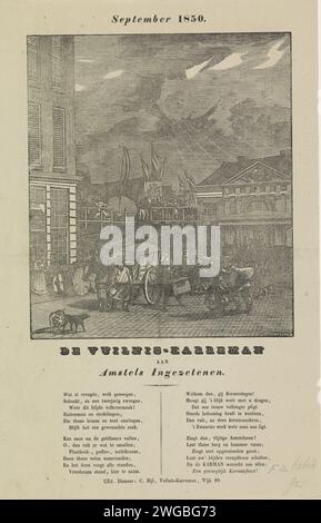 KermisStrent des ordures ménagères d'Amsterdam pour l'année 1850, Dirk Wijbrand Tollenaar, 1850 print KermisStrent des ordures ménagères d'Amsterdam pour l'année 1850. Vue à la foire au Botermarkt avec le Oude Waag. Deux chariots à ordures sur le marché. Avec poème en deux colonnes. De la poubelle carman dans le N ° 29 : C. Bijl. Rue d'impression typographique papier Amsterdam. Collecte des ordures Amsterdam. Botermarkt. Waag sur le Botermarkt Banque D'Images