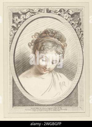 Buste d'une jeune femme, Louis Marin Bonnet, d'après Louis Jean François Lagrenée (I), buste imprimé en 1773 d'une jeune femme, regardant en bas à gauche. Décoré avec des fleurs et un ruban dans un cadre ovale. Imprimeur : Francepublisher : Paris papier gravure adolescent, jeune femme, jeune fille (+ vue de face) Banque D'Images