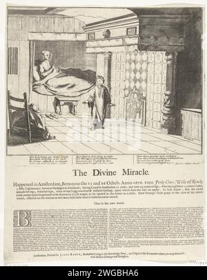 La merveilleuse guérison de Jeske Klaes, 1676, 1679 - 1680 imprimer la merveilleuse guérison de Jeske Klaes a eu lieu du 13-16 au 24 octobre 1676 à Amsterdam. La femme se tient debout dans son lit-boîte et remercie l'ange, dans le vom d'un garçon d'environ 10 ans, pour la guérison de ses jambes paralysées. Dans la planche 3 versets de 4 lignes, en dessous du magazine une description du miracle en 2 colonnes en anglais. Imprimeur : Northern Netherlandspublisher : Amsterdam gravure sur papier / gravure / impression typographique guérison miraculeuse. Angels Amsterdam Banque D'Images