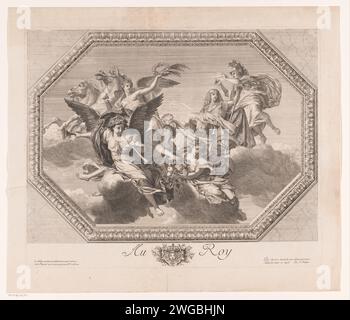 Lodewijk XIV couronné chariot de victoire, Augustin Jacques Renard de Saint-André, d'après Charles le Brun, 1695 estampe allégorie sur le roi Louis XIV de France, représenté comme une figure divine de la mythologie classique. Il conduit une voiture flottante, DieWordt tiré par deux chevaux, au-dessus des nuages, entouré de Fama, Abundantia et deux autres personnages. Minerva tient une couronne au-dessus de sa tête. Le spectacle est pris dans un bord d'ornement octogonal. Plafond peint par le Brun dans la salle Royale du Louvre. France papier gravure de personnages historiques. roi Banque D'Images