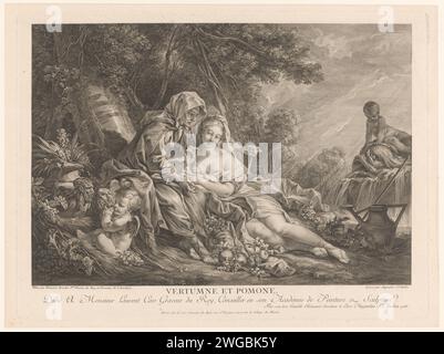 Vertumnus et Pomona dans un paysage de parc, Augustin de Saint-Aubin, d'après François Boucher, 1765 papier gravure / gravure Vertumnus et Pomona Banque D'Images