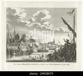 Attaque de Maarten Schenck sur Nimègue, 1589, 1794 - 1796 imprimer échec attaque par les troupes de Maarten Schenck sur la ville de Nimègue, 10 août 1589. Épisode de la guerre de Keulse. En fuyant la ville, Schenck se noie dans le Waal. Pays-Bas mordançage papier noyé, naufragé Nijmegen Banque D'Images