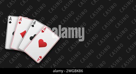 Poker et concept de casino. Fan de main de cartes à jouer composé de quatre As blancs de pique, Carreau, Trèfle, cœur. Illustration vectorielle sur une ta noire Illustration de Vecteur