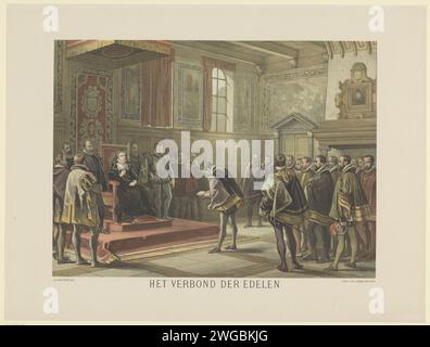 L'offre de la supplication par l'alliance des nobles à Margaretha van Parma, 1566, 1878 - 1880 imprimer intérieur avec Margaretha van Parma, gouverneurs des pays-Bas, assis sur son trône. Le 5 avril 1566, l'alliance des nobles offre la supplication au gouverneur. Imprimeur : Netherlandspublisher : les personnages historiques du papier de la Haye. trône - BB - règle féminine. Noblesse et patriciat ; chevalerie, palais de la chevalerie sur le Koudenberg Banque D'Images