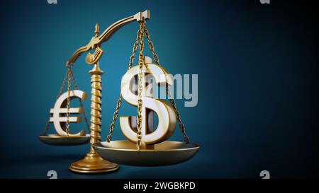 Des signes d'Euro et de Dollar d'or se tenant sur une balance équilibrée. Illustration 3D. Banque D'Images