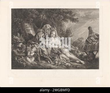 Vertumnus et Pomona dans un paysage de parc, Augustin de Saint-Aubin, d'après François Boucher, 1765 papier gravure / gravure Vertumnus et Pomona Banque D'Images