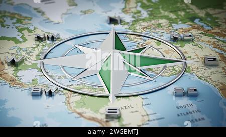 Symbole de boussole vintage indiquant les directions sur la carte du monde.Illustration 3D. Banque D'Images