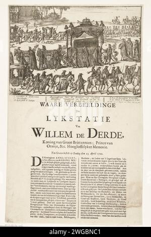 Funérailles du roi Guillaume III, 1702, 1702 estampe procession funéraire du roi Guillaume III à Londres le 23 avril 1702. La procession en quatre rangées avec le corbillard avec le cercueil tiré par six chevaux. Dans la légende de Legenda A-L, un texte en deux colonnes sous la plaque. Nord des pays-Bas gravure sur papier / letterpress cortège, procession funéraire Banque D'Images