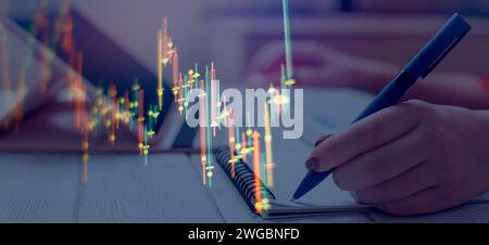Bourse, fond de crypto-monnaie. Analyse du marché. Graphiques à barres, diagrammes financiers Banque D'Images
