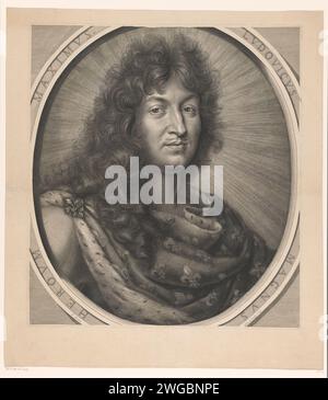 Portrait de Lodewijk XIV, Pierre Simon (I), d'après Charles le Brun, 1683 gravures sur papier gravant des personnages historiques. roi Banque D'Images