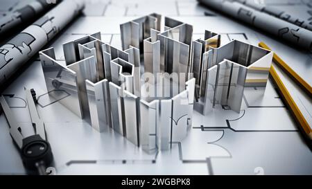 Plans architecturaux, modèle de maison, crayon et compas. Illustration 3D. Banque D'Images