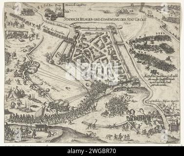 Siège de Grol par Frederik Hendrik, 1627, 1627 imprimer Siège et conquête de la ville de Groenlo (Grol) par l'armée de Staatse sous Frederik Hendrik, 6 juillet - 19 août 1627. En bas à gauche une attaque de soldats français et anglais sur la ville, les Espagnols à droite font un échec. En haut à gauche, les troupes espagnoles quittent la ville. Allemagne papier gravure cartes de pays ou de régions distincts. Siège, position guerre Groenlo Banque D'Images