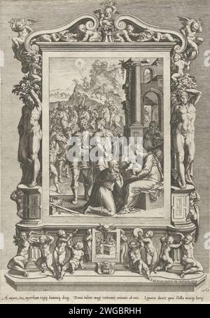 Adoration de de Koningen, Cornelis Cort, d'après Giulio Clovio, 1567 estampe adoration des rois en accompagnement architectural avec putti et anges musiciens. A droite Joseph et Maria avec l'enfant sur leurs genoux pour un bâtiment antique. Les trois rois offrent des cadeaux. Le roi de devant est agenouillé, les deux autres le sont. Derrière eux une procession avec cavaliers et chameaux. Dans le cadre une plaque avec la présentation du Christ dans le temple. Gravure sur papier Rome adoration des rois : les Sages présentent leurs dons au Christ-enfant (or, encens et myrrhe). anges chantant, faisant de la musique. orn Banque D'Images