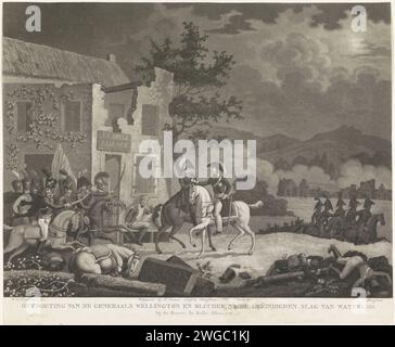 Rencontre entre Wellington et Blücher après la bataille de Waterloo, 1815, Willem Hendrik Hoogkamer, 1815 imprimer rencontre entre le commandant suprême le duc de Wellington et le prince Blücher, dans la soirée après la bataille de Waterloo, le 18 juin 1815, devant la ferme de la Belle Alliance. Les hussards prussiens gauches. Imprimeur : Netherlandspublisher : Amsterdam papier gravure victor (après la bataille) la belle alliance Banque D'Images