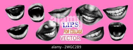 Illustration vectorielle des éléments de collage demi-ton des lèvres et des bouches humaines Illustration de Vecteur