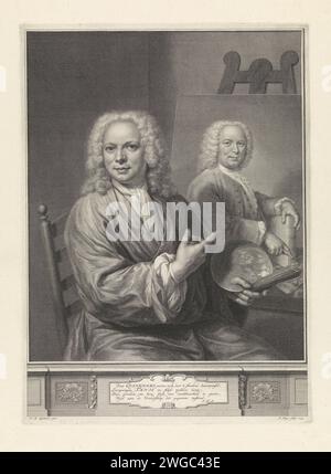 Portrait de Jan Maurits Quinkhard, Pieter Tanjé, d'après Jan Maurits Quinkhard, tirage de 1741 Portrait du peintre et dessinateur Jan Maurits Quinkhard, pointant vers le portrait de Pieter Tanjé, qui est sur le chevalet. Dans sa main, Quinckhard tient une palette et des pinceaux groupés. Sous le portrait, un verset de quatre lignes en néerlandais. Amsterdam papier gravure / gravure portrait, autoportrait du peintre. outils, instruments de peintre Banque D'Images