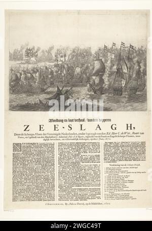 Bataille de Solebay, 7 juin 1672, 1672 imprimer bataille de Solebay le 7 juin 1672 entre la flotte de l'État commandée par Michiel de Ruyter et la flotte anglo-française commandée par le duc d'York et le vice-amiral Jean II d'Estrees. Une feuille est coincée sous la performance avec une description des événements dans trois colonnes. À la fin du texte figure une déclaration des performances dans laquelle les navires individuels sont identifiés. L'impression est imprimée à partir d'une plaque fabriquée à l'origine en 1666 pour une représentation de la bataille maritime de quatre jours entre les Néerlandais et les Anglais le 11-14 juin 1666 (FMH 2234). Le pla Banque D'Images