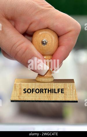 La main d'une femme tient un timbre en bois avec l'inscription : aide d'urgence, aide d'État, aide transitoire, aide aux entreprises, goulot d'étranglement, liquides, gaz et quartier Banque D'Images