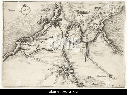 Carte du siège de Hulst par Frederik Hendrik, 1645, 1645 imprimer carte du siège et de la conquête de Hulst par l'armée de Staatse sous Frederik Hendrik du 28 septembre au 5 novembre 1645. Plan de la ville de Hulst et du pays environnant avec les camps environnants et l'armée des importanters bes. Cartes de gravure papier du nord des pays-Bas de différents pays ou régions. Siège, position guerre Holly Banque D'Images