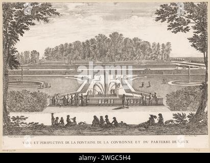 Vue sur fontaine en forme de couronne dans les jardins de Vaux-le-Vicomte, Israël Silvestre, gravure sur papier 1631-1691 / gravure fontaine de jardin. Jardin à la française ou architectonique ; jardin formel Château de Vaux-le-Vicomte Banque D'Images