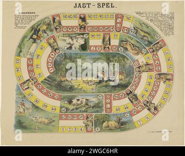 Jeux de chasse, 1864 - 1884 copies. Jeu de plateau de jeu avec une spirale avec des boîtes numérotées à pied de 1 à 63, où les joueurs se divisent en deux jeux. Un parti suit la ligne jaune, l'autre suit la ligne rouge en sens inverse. Plusieurs boîtes avec des images d'animaux, dont un chien, un lièvre, un cerf et un renard. En milieu de terrain une performance de chasse avec des chevaux et des chiens sur un cerf. Gauche et en haut à droite les règles dans l'impression de livre. Jeux de société d'impression typographique papier de la Haye. jeux de société de hasard. chasse  mammifères Banque D'Images