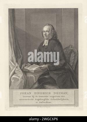 PortraT van Johan Diedrich Deiman, Reinier Vinkeles (I), 1779 - 1792 print Portrait de Johan Diedrich Deiman, pasteur luthérien à Amsterdam, assis sur une chaise avec une Bible ouverte pour lui. Amsterdam gravure sur papier / gravure Banque D'Images