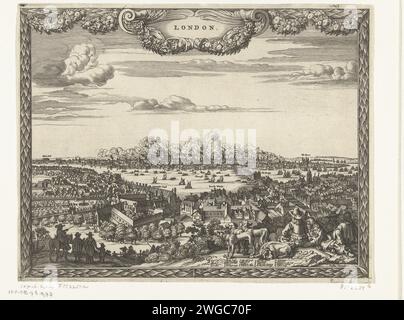 Vue de Londres pendant la Grande marque, 1666, 1666 imprimer vue de Londres pendant la Grande marque, 12-15 septembre 1666. Profil de la ville brûlante vue d'une colline sur le côté sud de la Tamise, au premier plan des gens couchés et assis avec des chiens. Par la présente la légende 1-20. Nord des pays-Bas gravure sur papier / gravure sur feu, Abraze Londres Banque D'Images