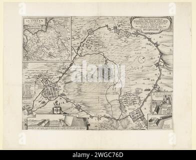 Siège de Grol par Frederik Hendrik, 1627, 1627 imprimer Siège et conquête de la ville de Groenlo (Grol) par l'armée d'État dirigée par Frederik Hendrik, 6 juillet - 19 août 1627. Centralement la ville avec le pays environnant et les quartiers des assiégeants. En haut à gauche un pari avec une carte du Graafschap Zutphen, en dessous d'un diamètre du Red Light District. En haut à droite cartouche avec titre et un bol de 500 passes, 2,5 faisant une tige. En bas à droite deux autres détails du Red Light District et des redoutes disposés par l'armée. A gauche, la Legenda 1-16 du camp militaire de Frederik Hendri Banque D'Images