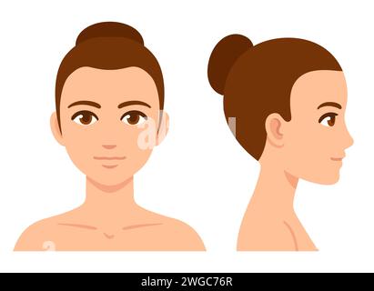 Diagramme de profil de visage et de tête de femme, style de dessin animé plat simple. Modèle de tête féminine pour l'infographie de beauté et de soins de santé. illustration vectorielle. Illustration de Vecteur